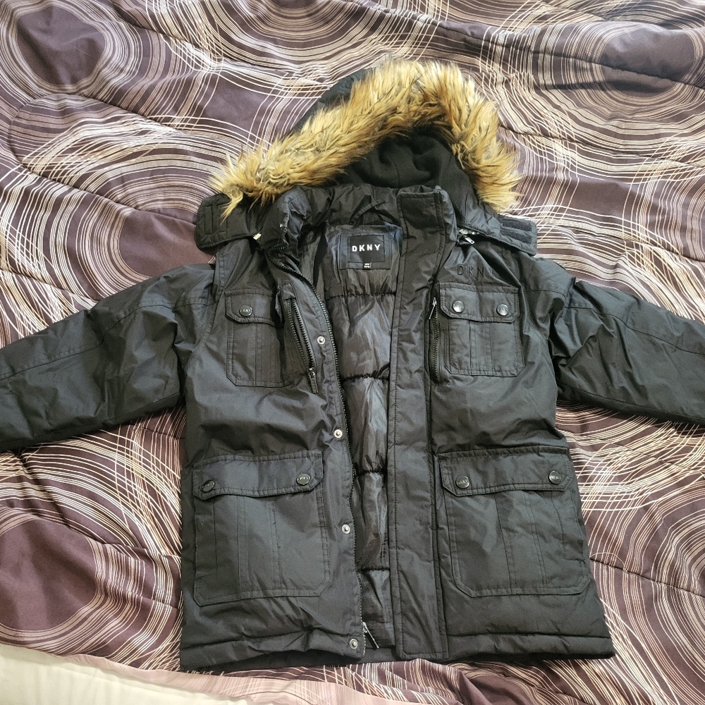 DKNY Charcoal Puffer Jacket with Faux Fur Trim